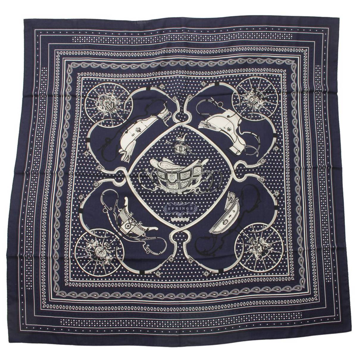 【エルメス】Hermes　 カレ140 カシミヤ シルク ショール ストール スプリングス SPRINGS ネイビー 【中古】【鑑定済・正規品保証】194587のサムネイル