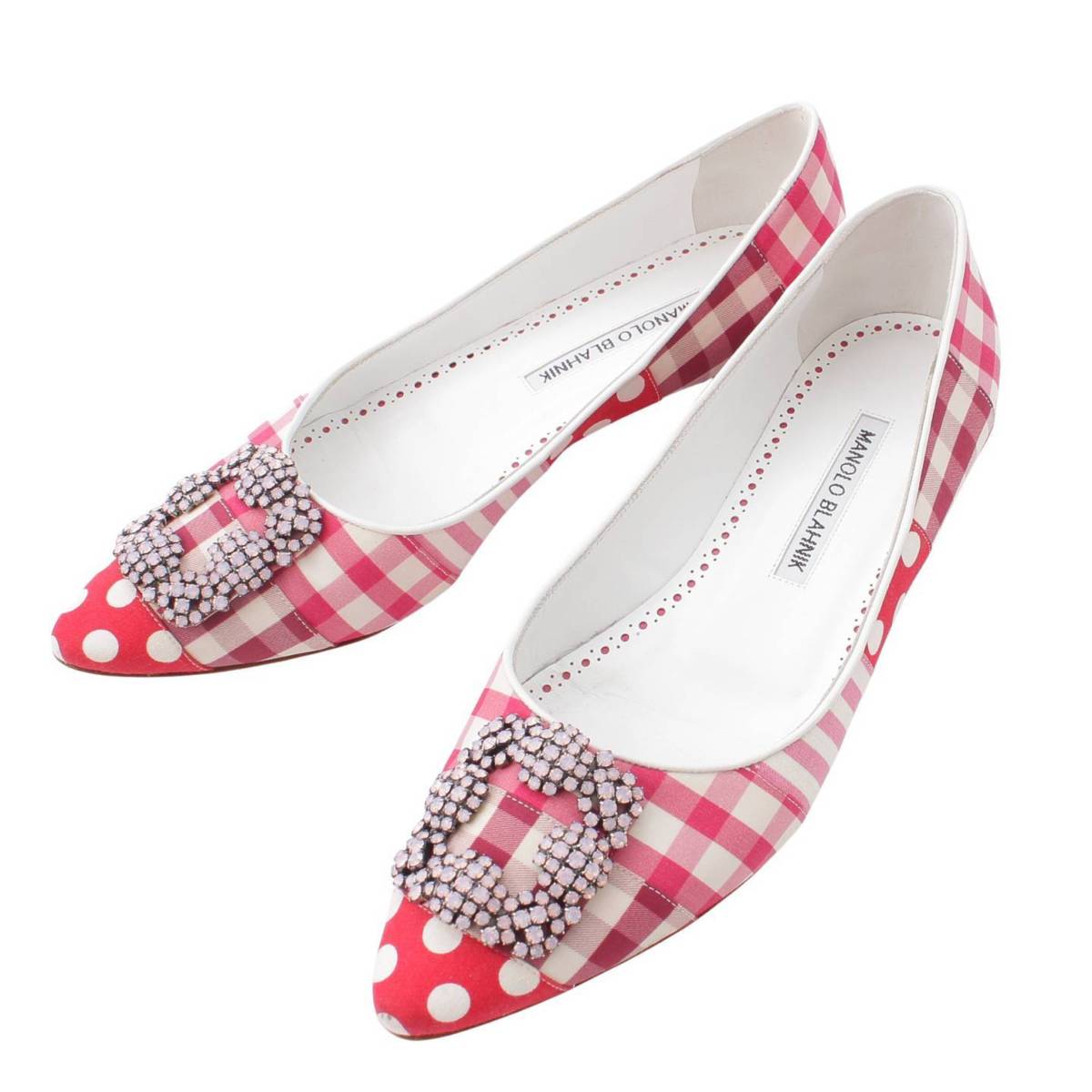 【マノロブラニク】Manolo Blahnik　ハンギシ ビジュー チェック ドット柄 パンプス ピンク レッド 36 1/2 【中古】【鑑定済・正規品保証】196767 1