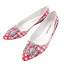 【マノロブラニク】Manolo Blahnik　ハンギシ ビジュー チェック ドット柄 パンプス ピンク レッド 36 1/2 【中古】【鑑定済・正規品保証】196767