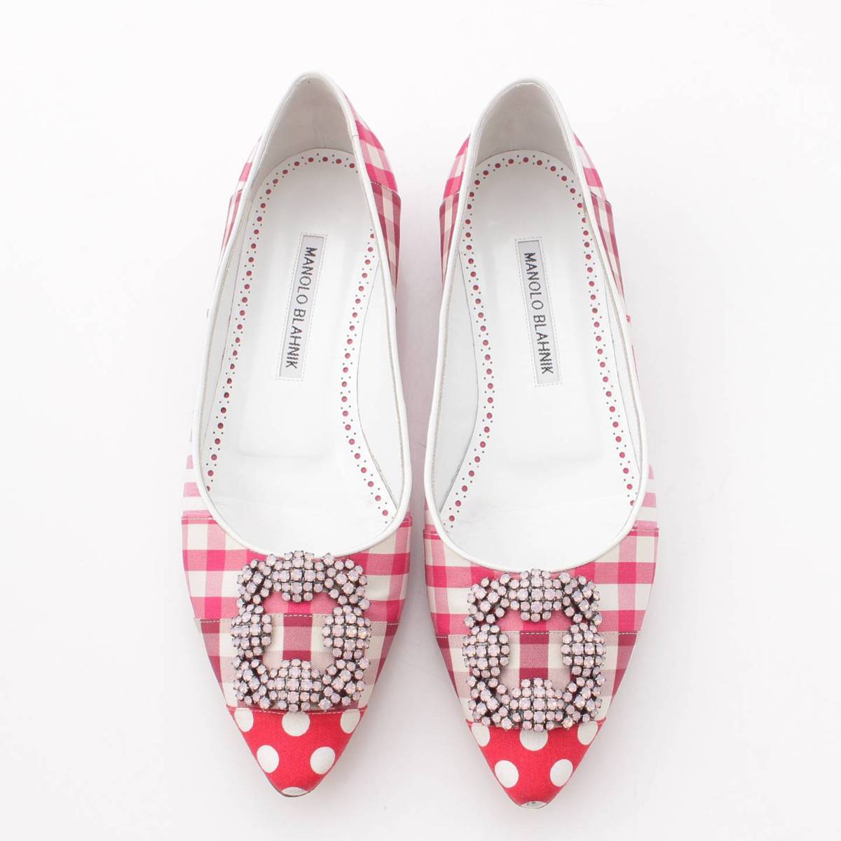 【マノロブラニク】Manolo Blahnik　ハンギシ ビジュー チェック ドット柄 パンプス ピンク レッド 36 1/2 【中古】【鑑定済・正規品保証】196767 2