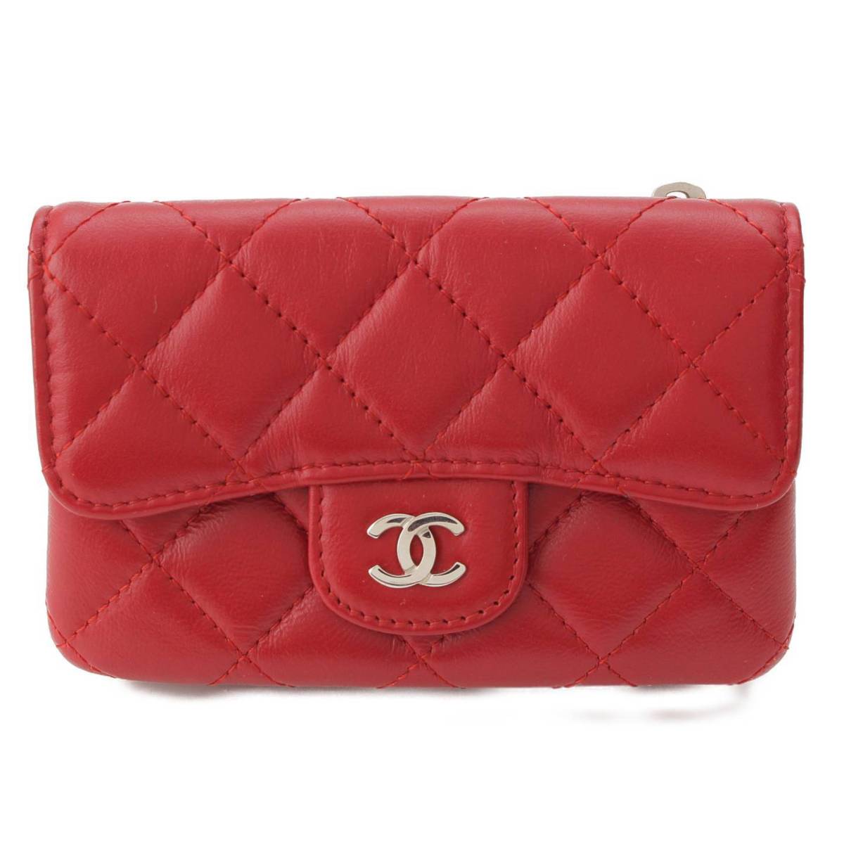 【シャネル】Chanel　ココマーク マトラッセ ラムスキン コンパクトウォレット 財布 レッド 【中古】【鑑定済・正規品保証】201585