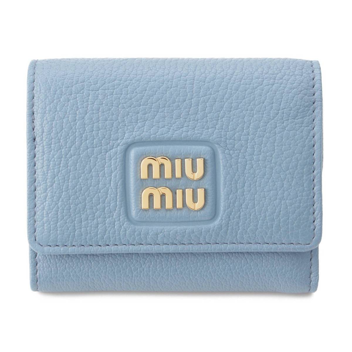 【ミュウミュウ】Miu Miu　ロゴ レザー コンパクトウォレット 三つ折財布 5MH043 ブルー 【中古】【鑑定済・正規品保証】204514