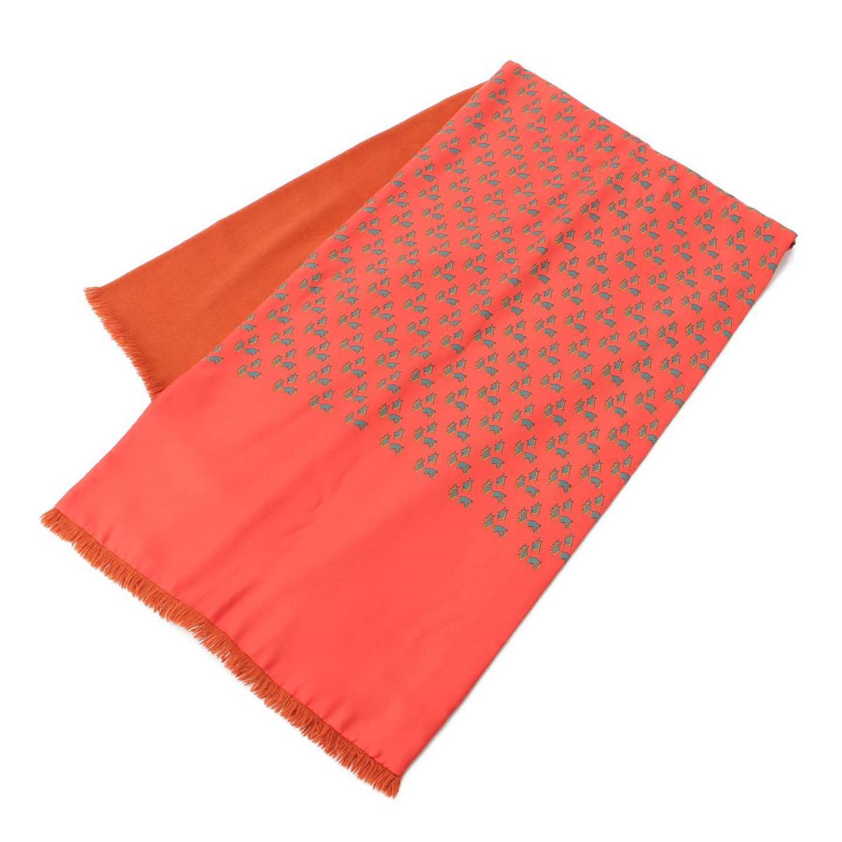 【エルメス】Hermes　アンゴラ リバーシブル フリンジ ホース 馬 マフラー ストール レッド 【中古】【鑑定済・正規品保証】205891