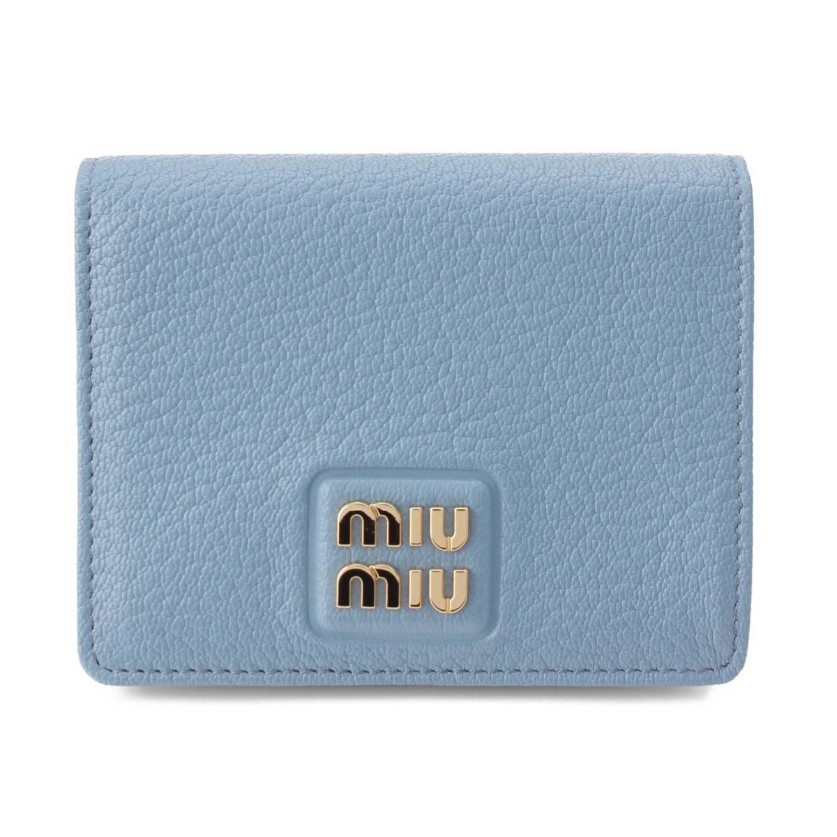 【ミュウミュウ】Miu Miu　MADRAS マドラス ロゴ レザー コンパクトウォレット 二つ折財布 5MV204 ブルー 【中古】【鑑定済・正規品保証】204507