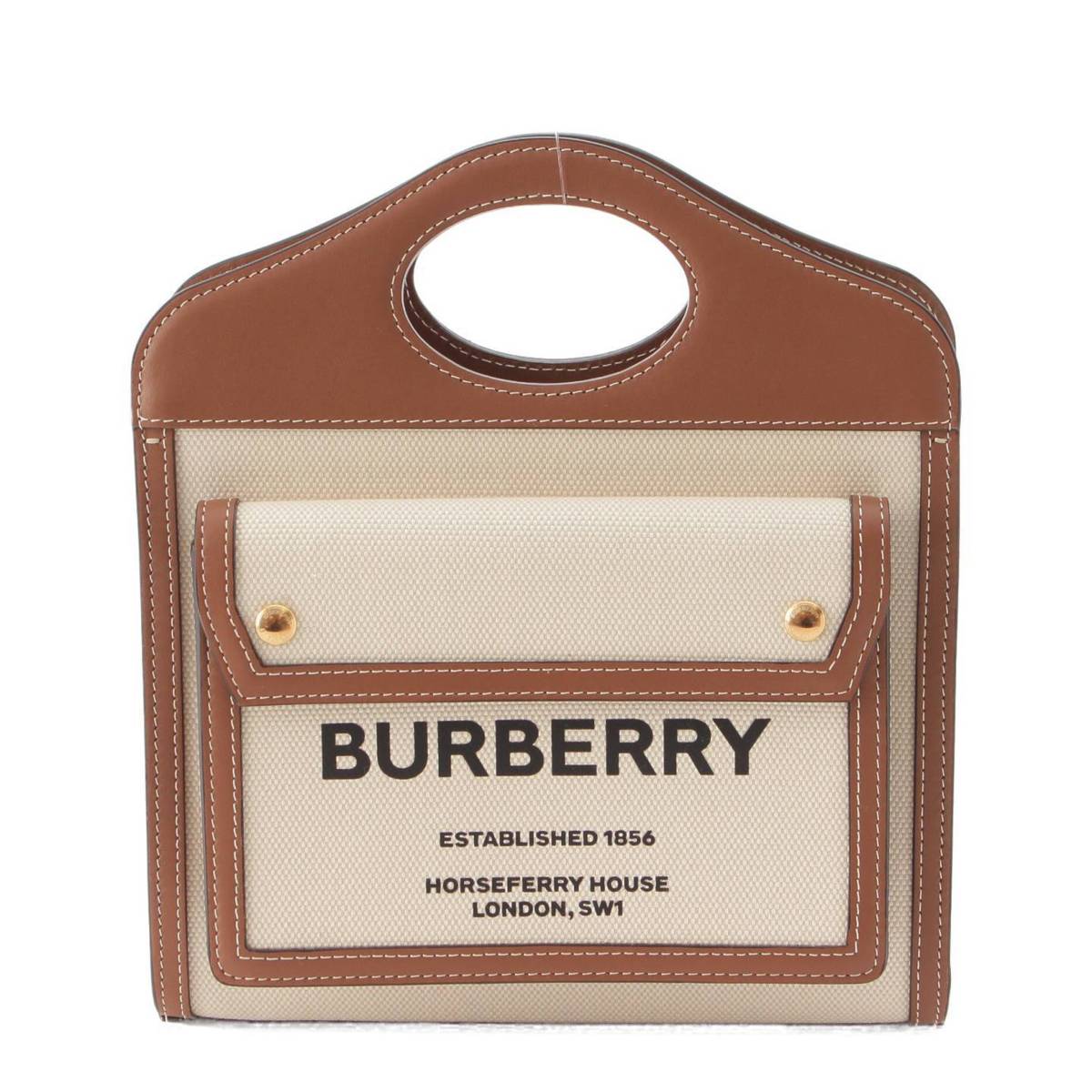 【バーバリー】Burberry　ツートン ミニ ポケット キャンバス×レザー 2way ハンドバッグ ブラウン×ナチュラル 【中古】【鑑定済・正規品保証】207472