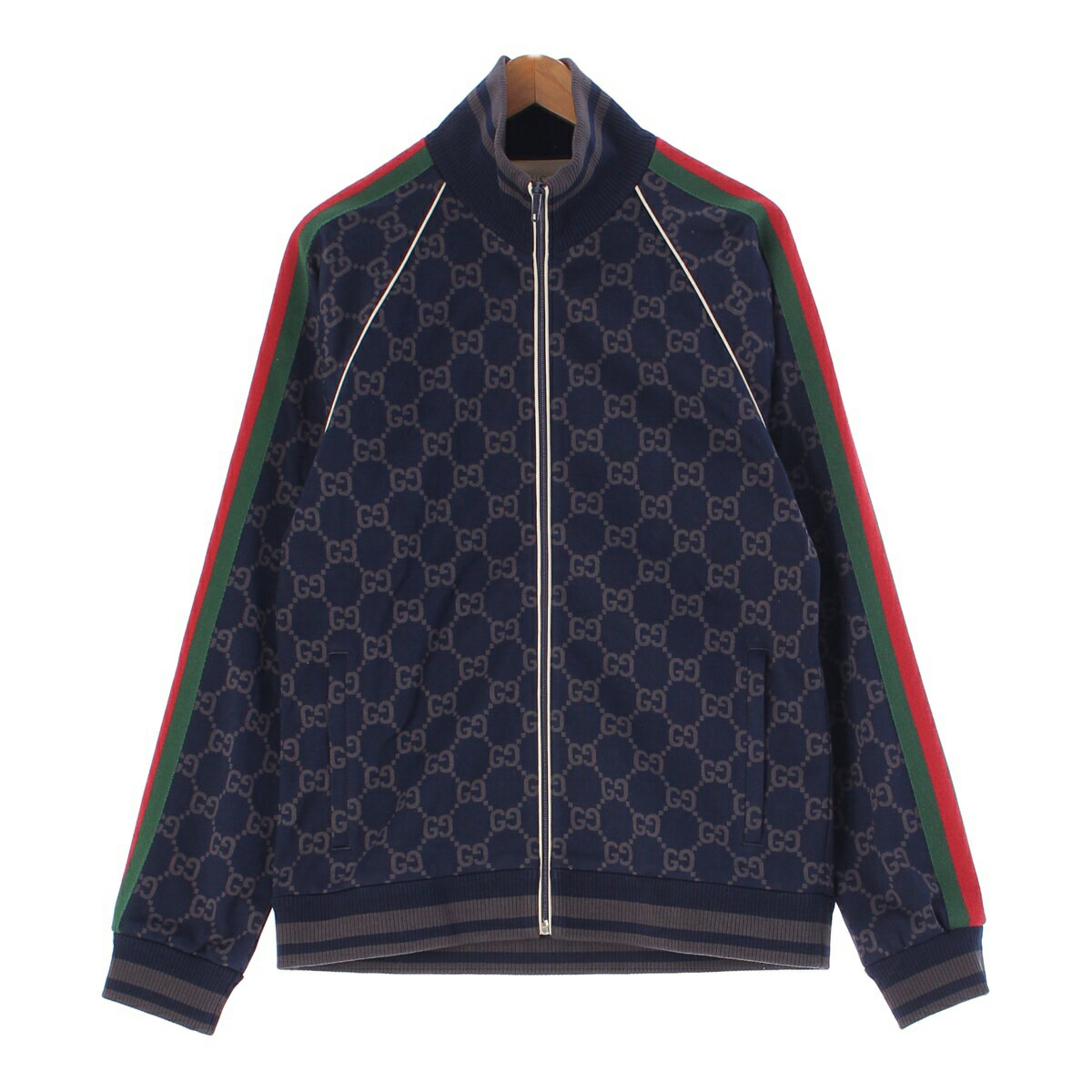 グッチ GUCCI 22AW シェリーライン コットン ジャージー ジャンボGG 総柄 ブルゾン トラックジャケット トップス ネイビー グレー チャコール L【中古】【正規品保証】