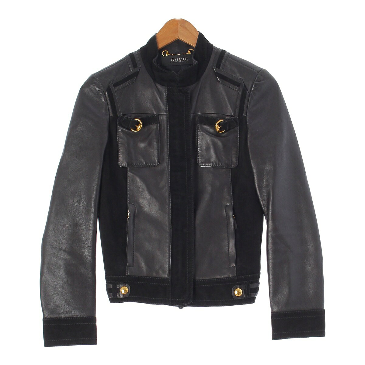 グッチ GUCCI レザー スエード ジャッキー ブルゾン シングルライダースジャケット ゴールド金具 ブラック 38【中古】【正規品保証】