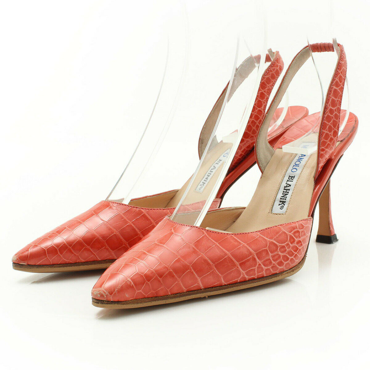 乐天商城 - マノロブラニク MANOLO BLAHNIK クロコレザー ストラップ ヒール パンプス サンダル ピンク コーラル 37 1/2【中古】【正規品保証】