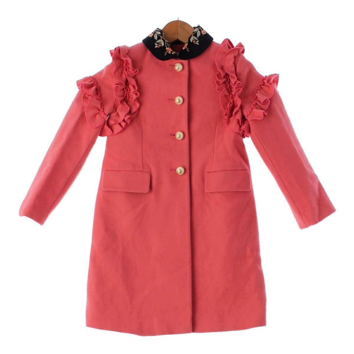 グッチ GUCCI ウール インターロッキングG フェイクパール フリル 刺繍 コート 472246 ピンク 6【中古..