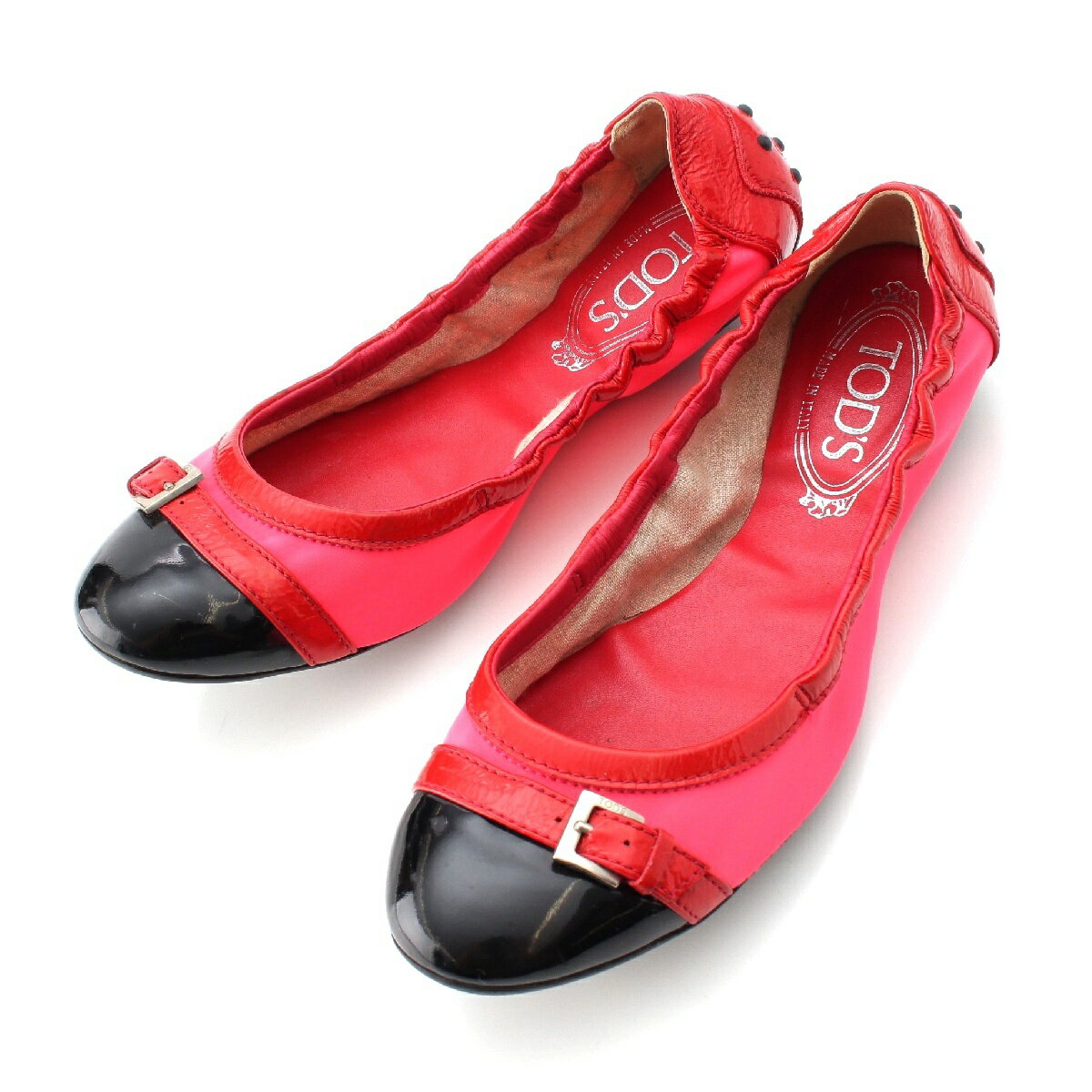トッズ TOD’S パテントレザー ベルト ドライビング シューズ レッド ピンク ブラック 39【中古】【正規品保証】(4)