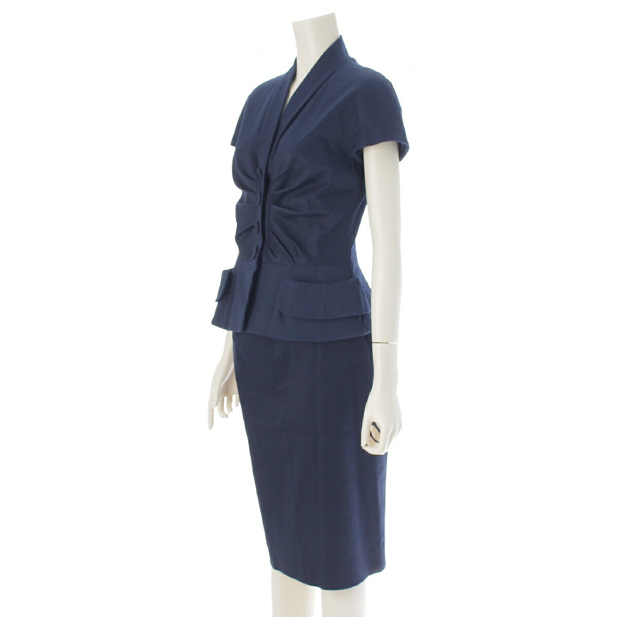 クリスチャンディオール Christian Dior 21年 コットン ペプラム 半袖 スカートセットアップ スカートスーツ 1C21230C1312 ネイビー 36 【中古】【正規品保証】