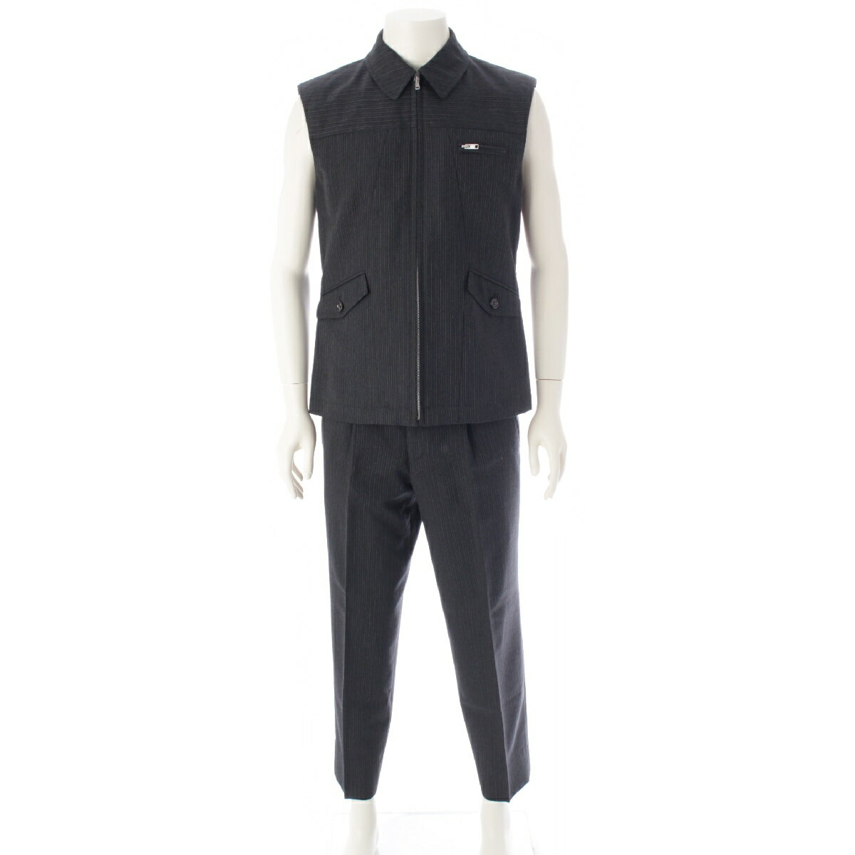 コムデギャルソンオムプリュス COMME des GARCONS HOMME PLUS AD1999 00SS ゴブラン期 ウール×モヘア ストライプ ワークベスト 2タック パンツセットアップ スラックス PJ-10079L/PP-10008M グレー L/M【中古】【正規品保証】