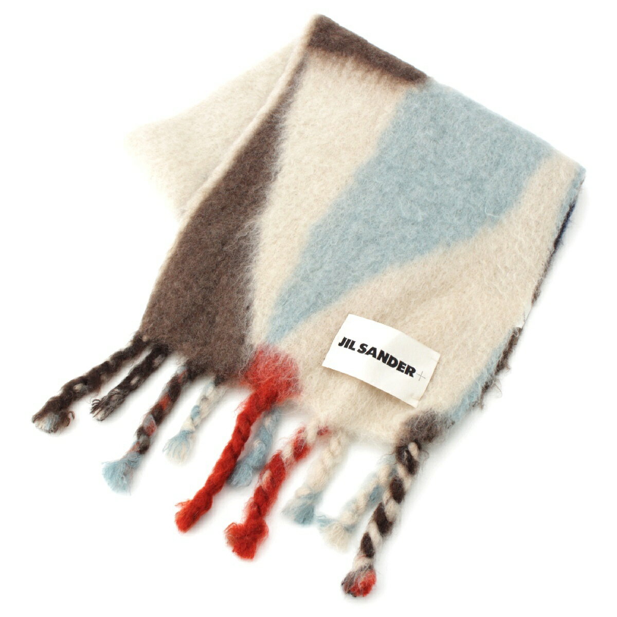 ジルサンダー JIL SANDER プラス ウール×ナイロン ロゴ パッチワーク フリンジ マフラー マルチカラー U【中古】【正規品保証】