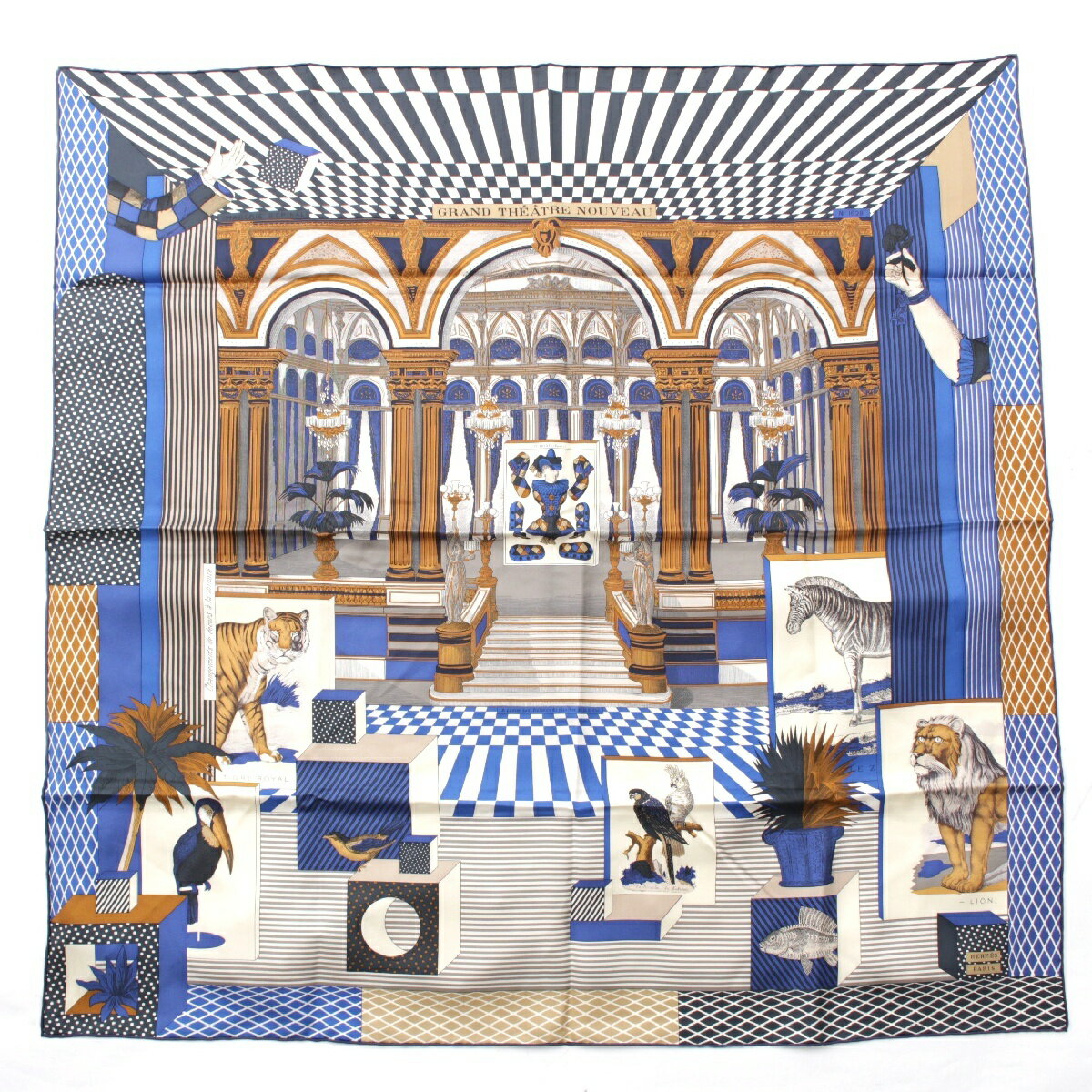 エルメス HERMES カレ90 シルク グラン テアトル ヌーヴォ Grand Theatre Nouveau スカーフ 野生動物 古代彫刻 ブルー【中古】【正規品保証】のサムネイル