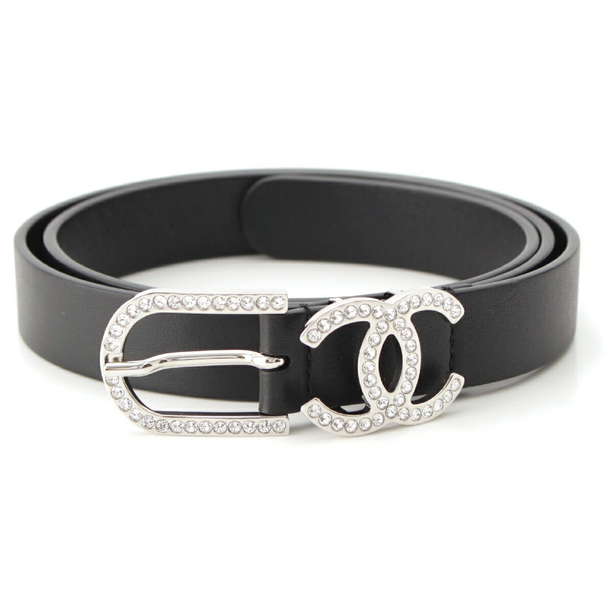 【楽天スーパーSALE対象商品】シャネル CHANEL B20S レザー ココマーク クリアストーン ベルト ブラック 75【中古】【正規品保証】