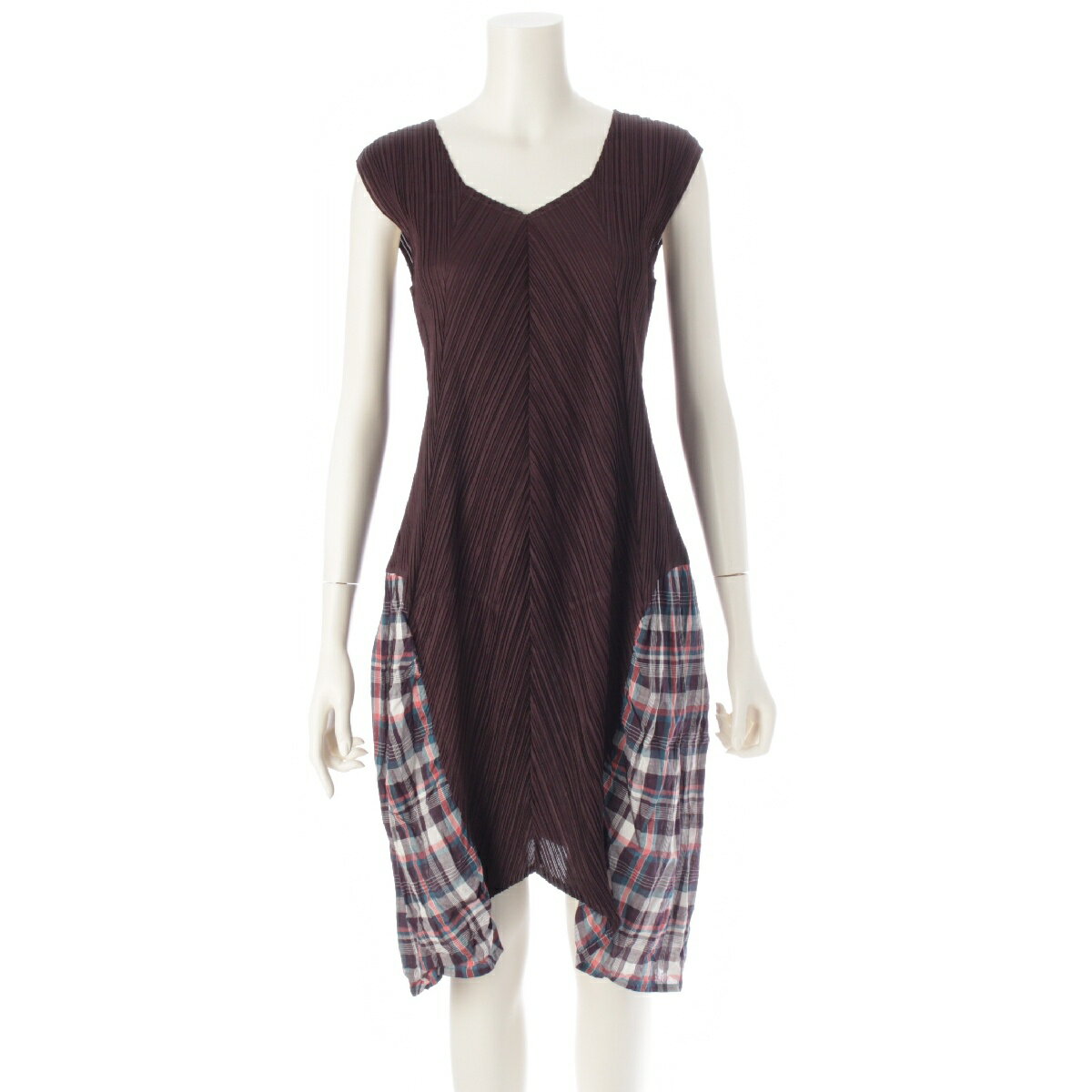 プリーツプリーズ イッセイミヤケ PLEATS PLEASE ISSEY 異素材切替 チェック柄 ノースリーブ ワンピース ドレス PP03-JT565 ブラウン 3【中古】【正規品保証】
