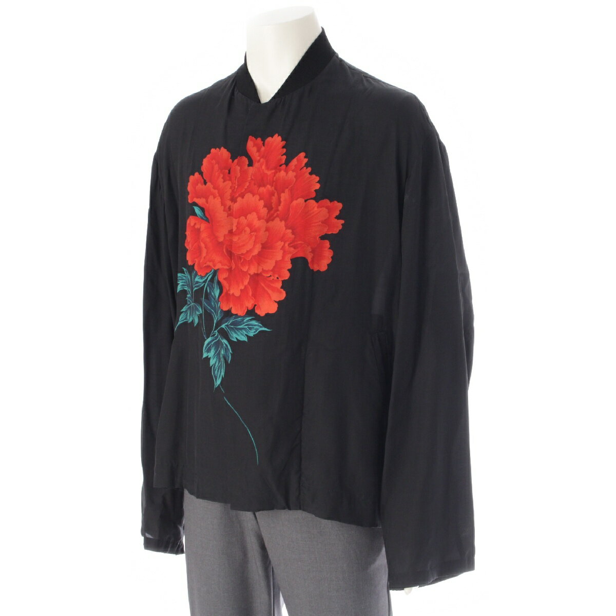 ヨウジヤマモト プールオム Yohji Yamamoto POUR 96SS ヴィンテージ 花と少年期 花柄 牡丹 ロングスリーブ ブルゾン シャツジャケット トップス ブラック M【中古】【正規品保証】