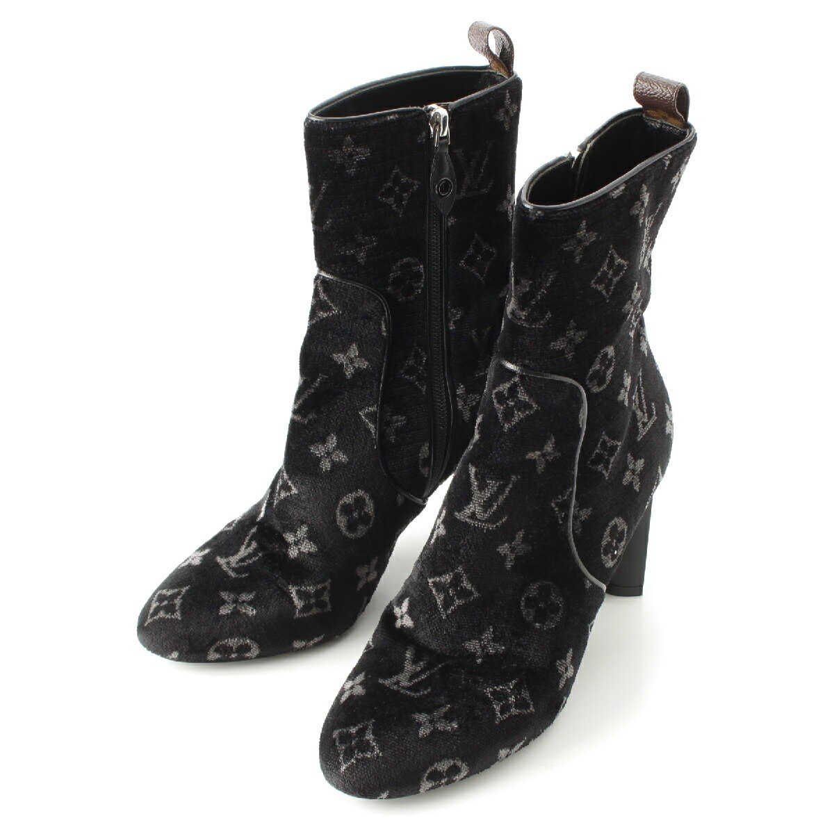 ルイヴィトン LOUIS VUITTON シルエットライン ベロア モノグラム サイドジップ アンクル ヒール ブーツ シューズ ブラック 38【中古】【正規品保証】