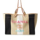 シャネル CHANEL ドーヴィルGM ストロー レザー トートバッグ 29番台 マルチカラー ベージュ ピンク【中古】【正規品保証】
