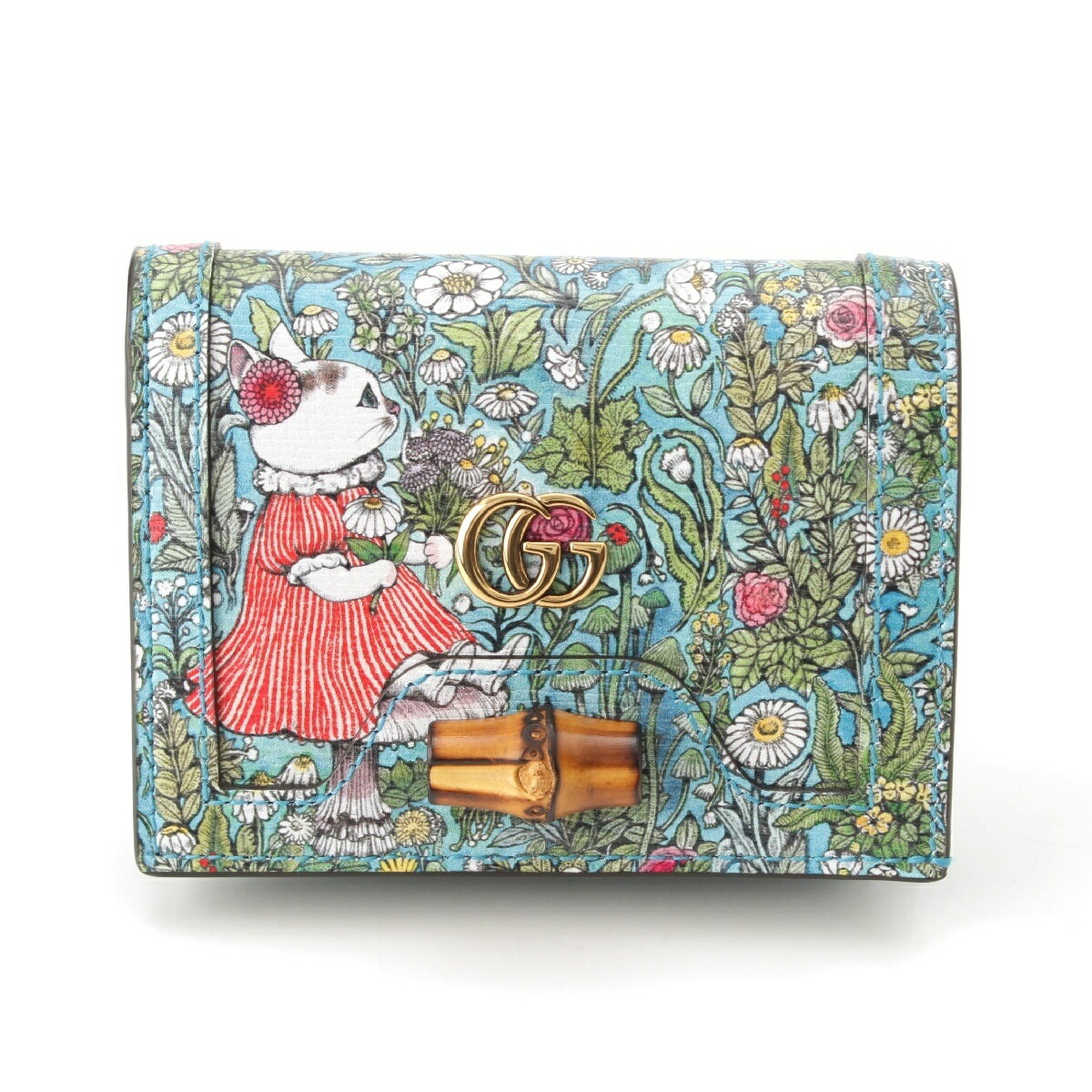 グッチ GUCCI ヒグチユウコ 23年 バンブー GGロゴ 花柄 キャット 猫 コンパクト ウォレット 二つ折り財布 658244 マルチカラー グリーン【中古】【正規品保証】のサムネイル