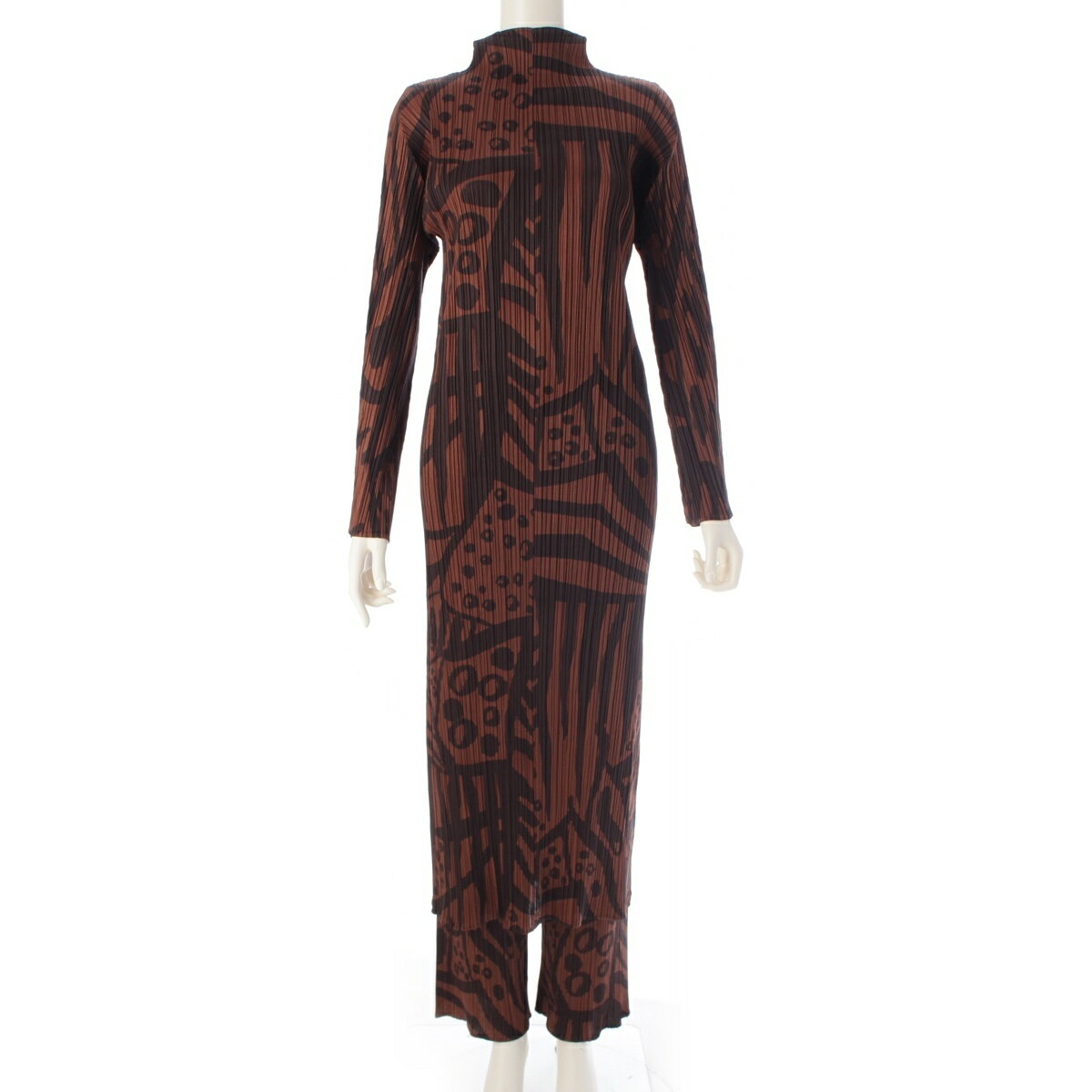 プリーツプリーズ イッセイミヤケ PLEATS PLEASE ISSEY グラフィックプリント 総柄 ボトルネック ワンピースセットアップ パンツ PP33-JH747/PP33-JF744 ブラウン ブラック 4【中古】【正規品保証】