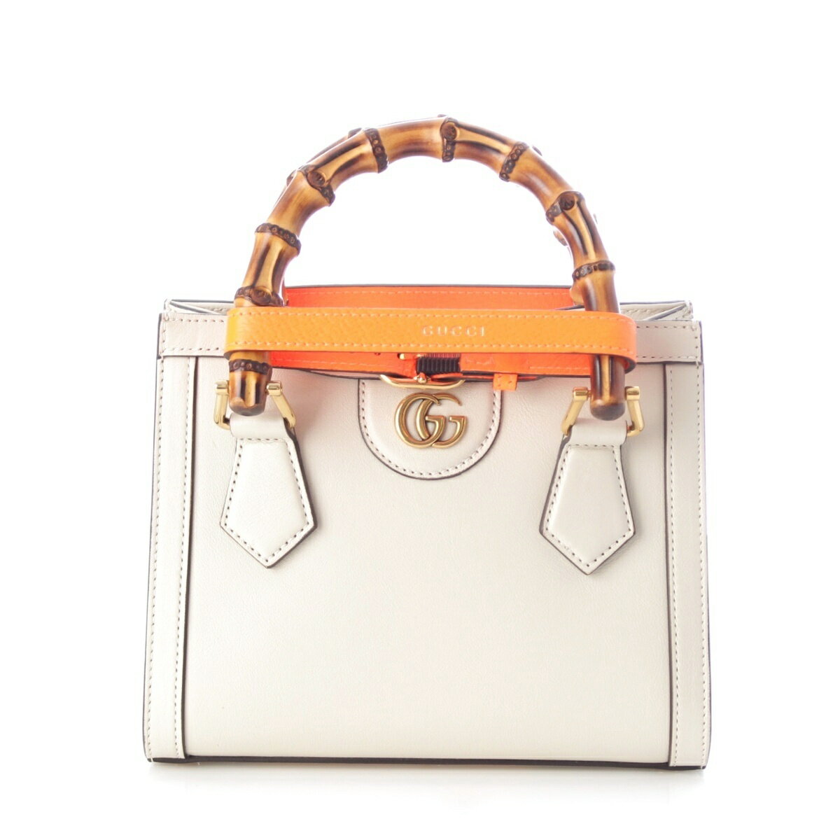 GUCCI - グッチ GUCCI ダイアナ バンブー レザー 2way ショルダー ハンドバッグ 655661 ホワイト オレンジ【中古】【正規品保証】