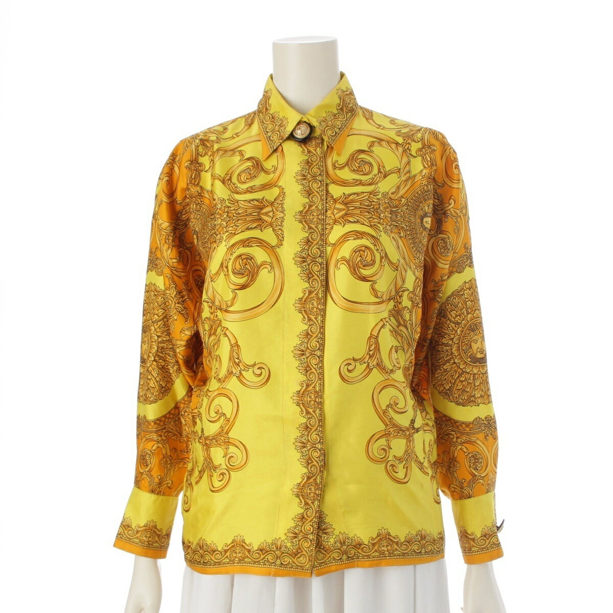 乐天商城 - ジャンニ・ヴェルサーチェ Gianni Versace シルク バロック調 ドルマンスリーブ 総柄 メドゥーサボタン 長袖シャツ トップス イエロー 38【中古】【正規品保証】