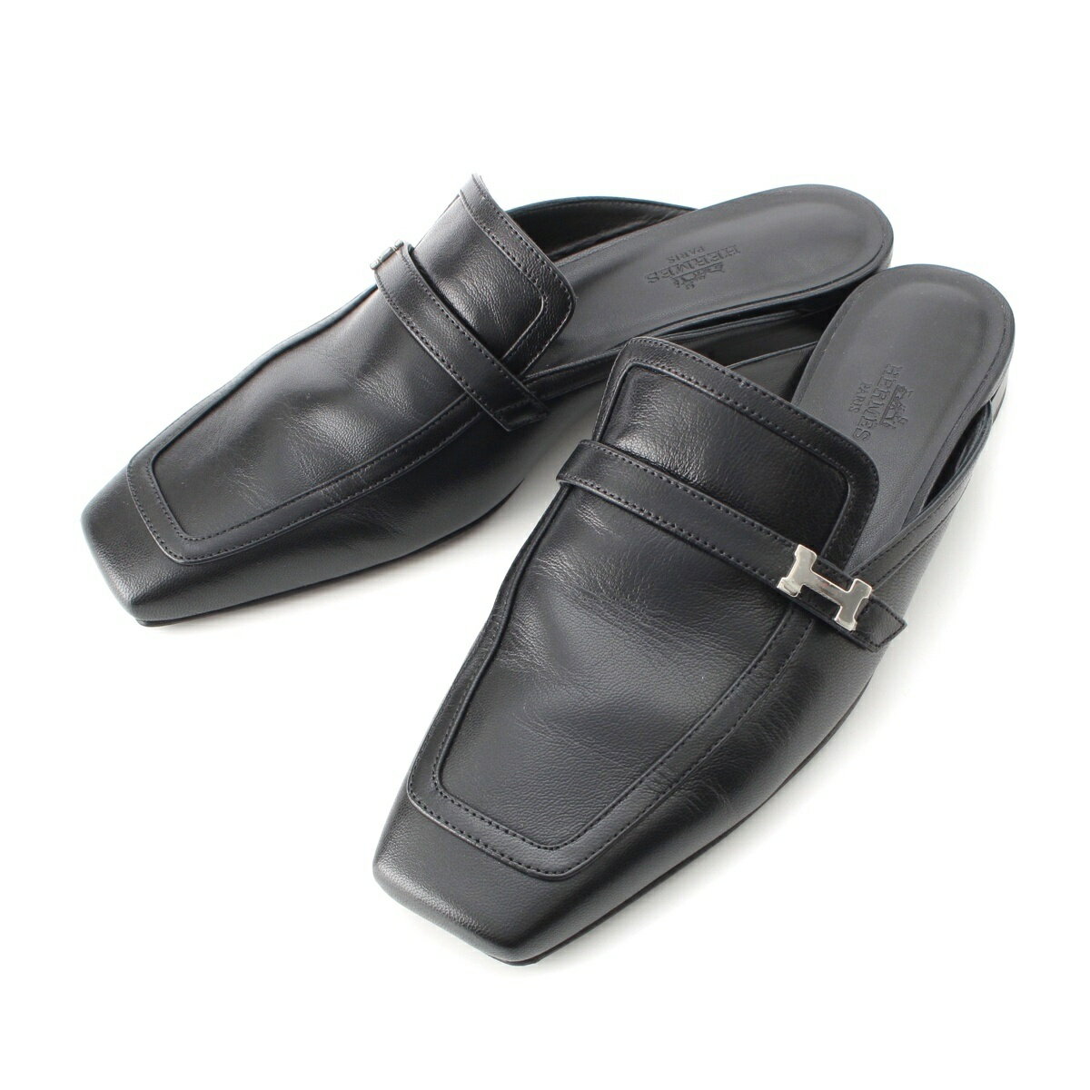 エルメス HERMES レザー グルーピー Hモチーフ ミュール シューズ ブラック 37【中古】【正規品保証】