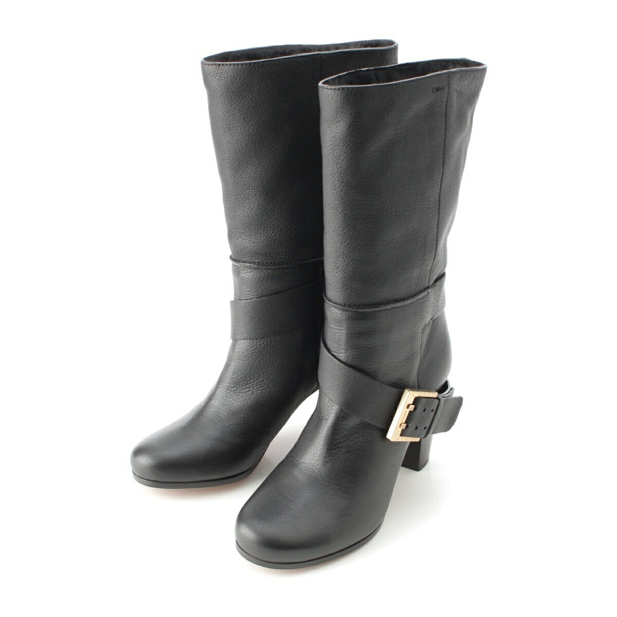 クロエ Chloe レザー ベルトデザイン ゴールド金具 ブーツ シューズ ヒール ブラック 36【中古】【正規..