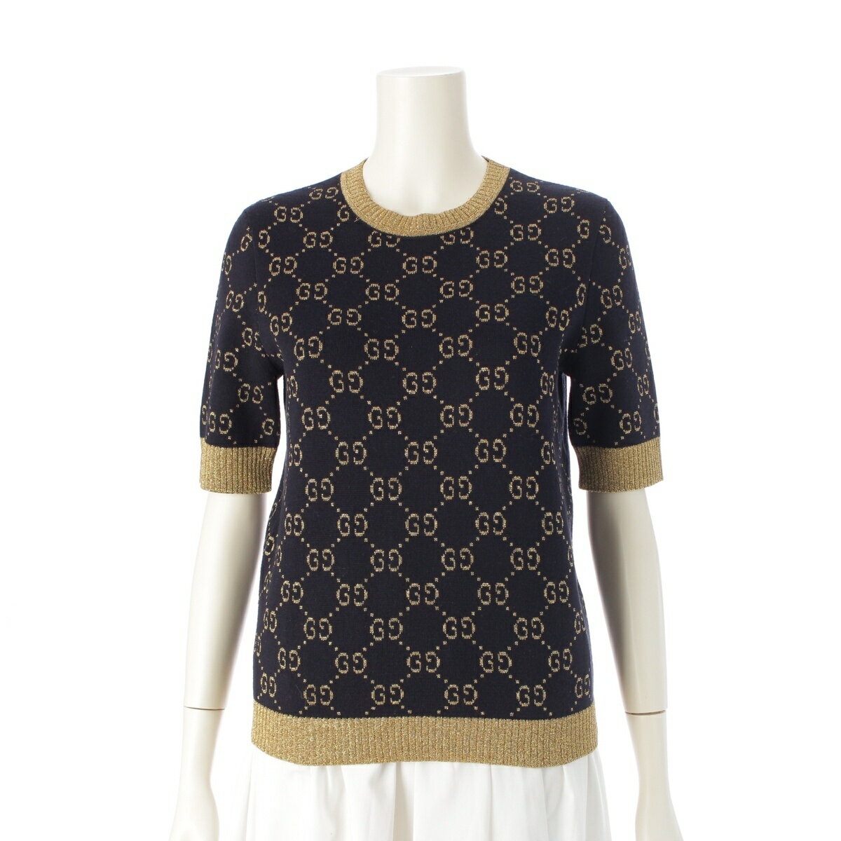 グッチ GUCCI コットン GG ラメ ファブリック 半袖 ニット トップス 526759 ネイビー ゴールド S【中古】【正規品保証】(4.0)