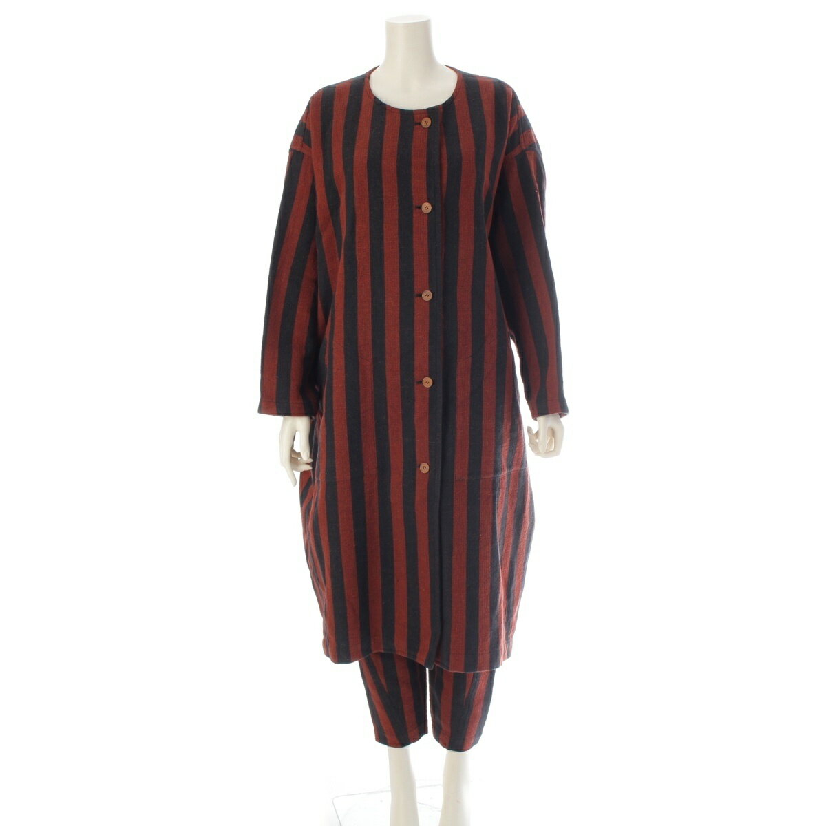 Rakuten - イッセイミヤケ ISSEY MIYAKE 80s 1984 コットン ウール 筆タグ ストライプ ロングガウン ワンピース パンツセットアップ ブラウン ブラック 9【中古】【正規品保証】