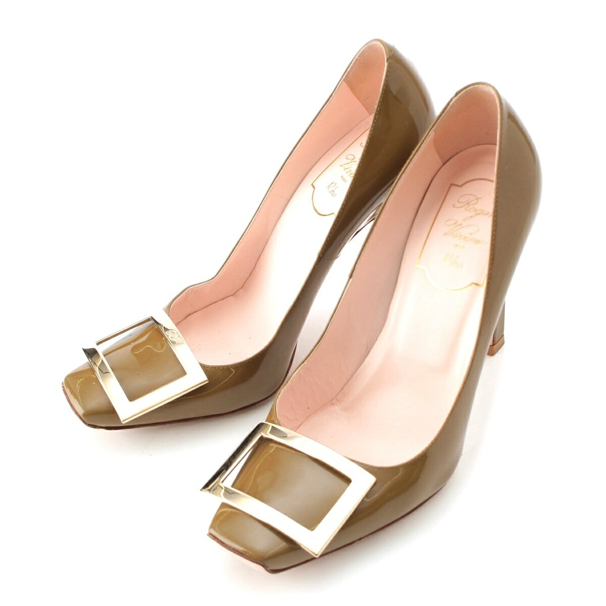 乐天商城 - ロジェヴィヴィエ Roger Vivier トランペット パテントレザー バックル ヒール パンプス シューズ カーキ オリーブ 36【中古】【正規品保証】