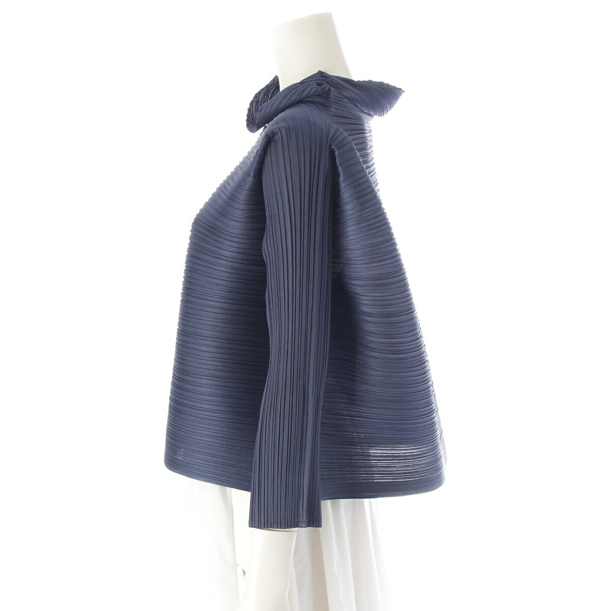 プリーツプリーズ イッセイミヤケ PLEATS PLEASE ISSEY 23AW WONDER TOP 横プリーツ ワイド ボトルネック クロップド トップス PP33JK451 ネイビー 3【中古】【正規品保証】