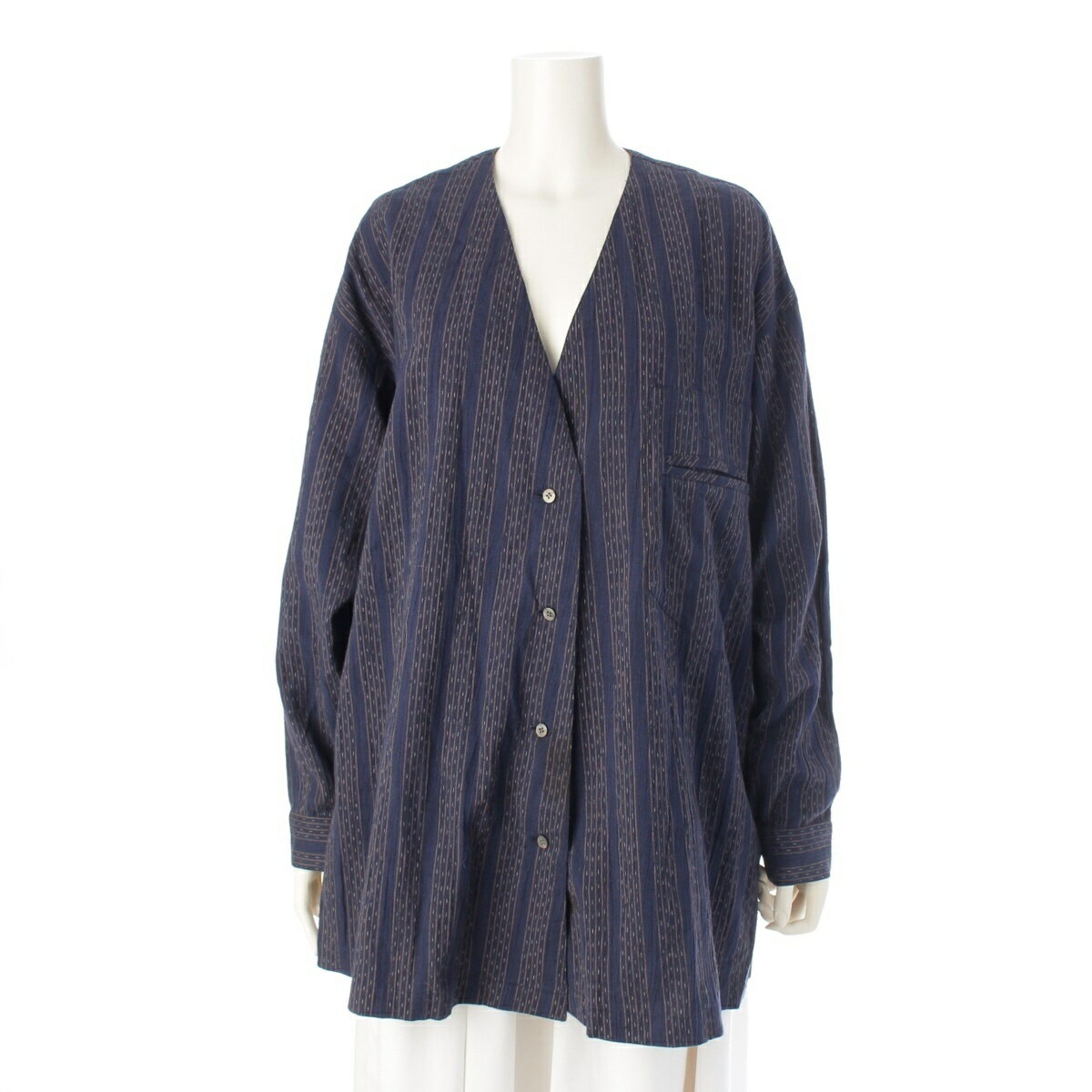 乐天商城 - イッセイミヤケ ISSEY MIYAKE 筆タグ 80s 1984年 両玉縁ポケット ノーカラー 絣 KASURI ストライプ 長袖シャツ ジャケット ネイビー M【中古】【正規品保証】