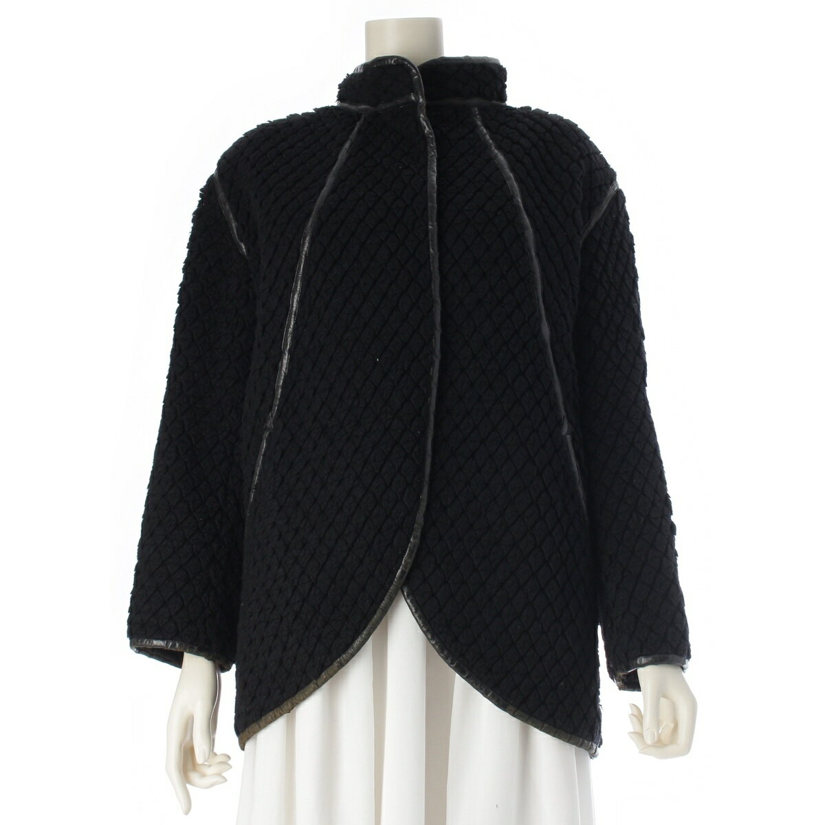 乐天商城 - イッセイミヤケ ISSEY MIYAKE 70s 初期 ウール×ナイロン 単色タグ レザーパイピング カットパイル ノーカラージャケット JH64100 ブラック 9【中古】【正規品保証】