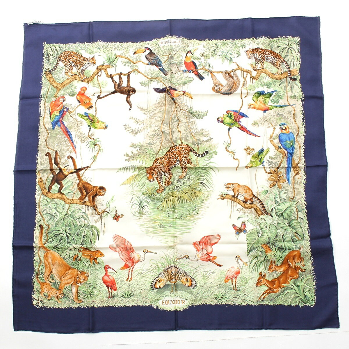 エルメス HERMES カレ90 EQUATEUR 赤道直下 シルク スカーフ アニマル 動物 鳥 ブルー ホワイト【中古】【正規品保証】