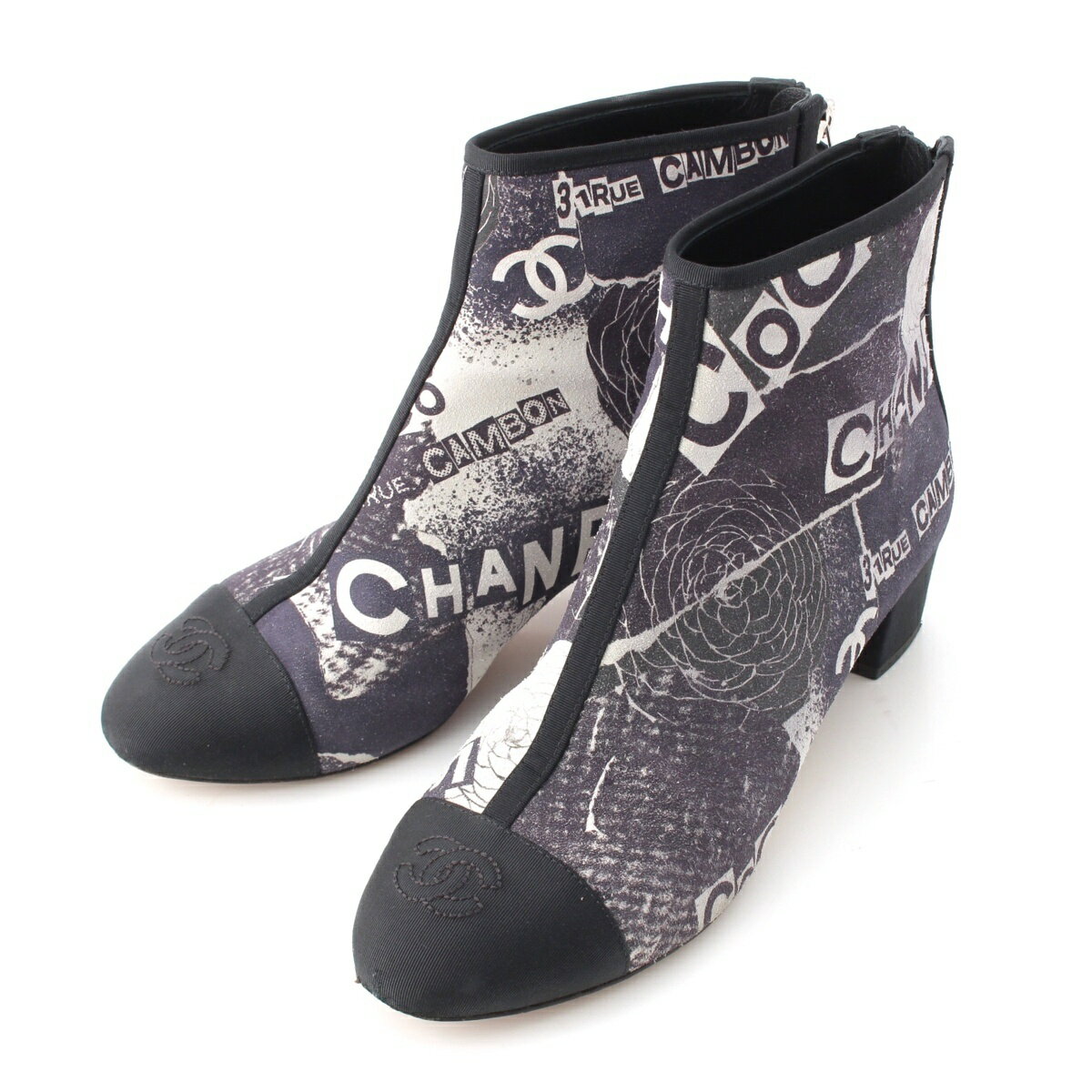 乐天商城 - シャネル CHANEL カメリア カーフスキン グログラン ロゴプリント ココマーク 刺しゅう ブーツ シューズ ショート G35552 グレー ブラック シルバー 37C【中古】【正規品保証】