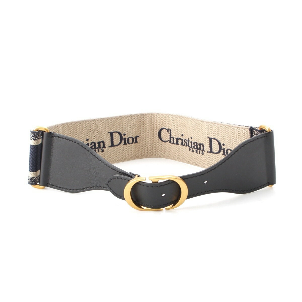 乐天商城 - クリスチャンディオール Christian Dior レザー エンブロイダリー キャンバス ロゴ ベルト 小物 50-MA-0231 ブラック ベージュ ゴールド 70【中古】【正規品保証】