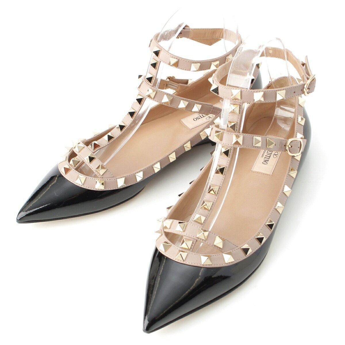 乐天商城 - ヴァレンティノ VALENTINO パテント ロックスタッズ アンクルストラップ フラット パンプス ブラック ベージュ 38【中古】【正規品保証】