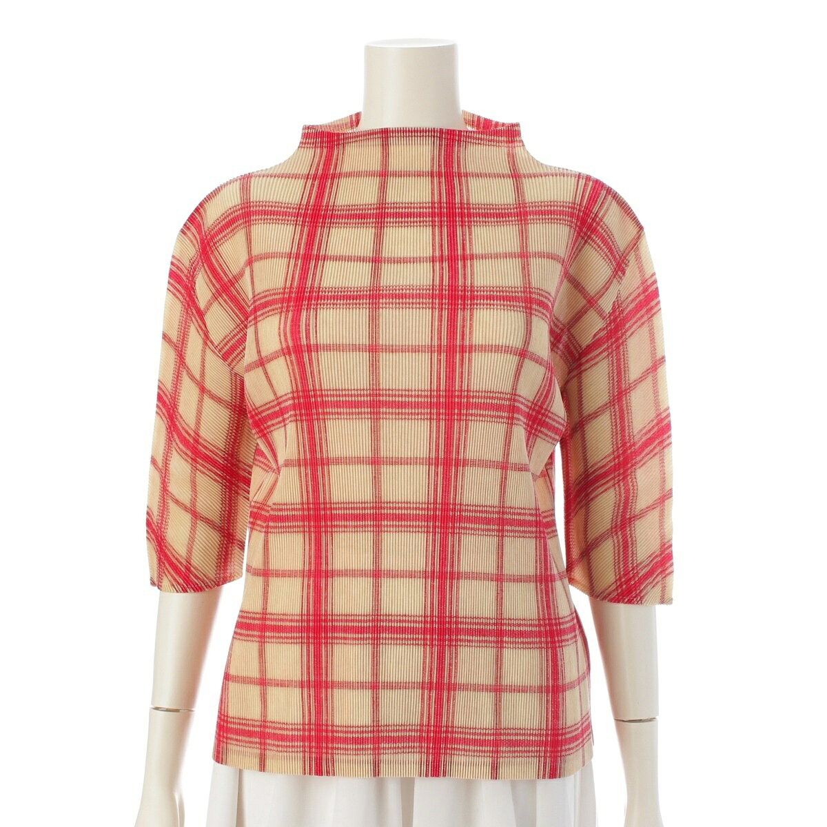 乐天商城 - プリーツプリーズ イッセイミヤケ PLEATS PLEASE ISSEY ハイネック チェック柄 トップス 7分丈 PP91FK313 ベージュ 3【中古】【正規品保証】