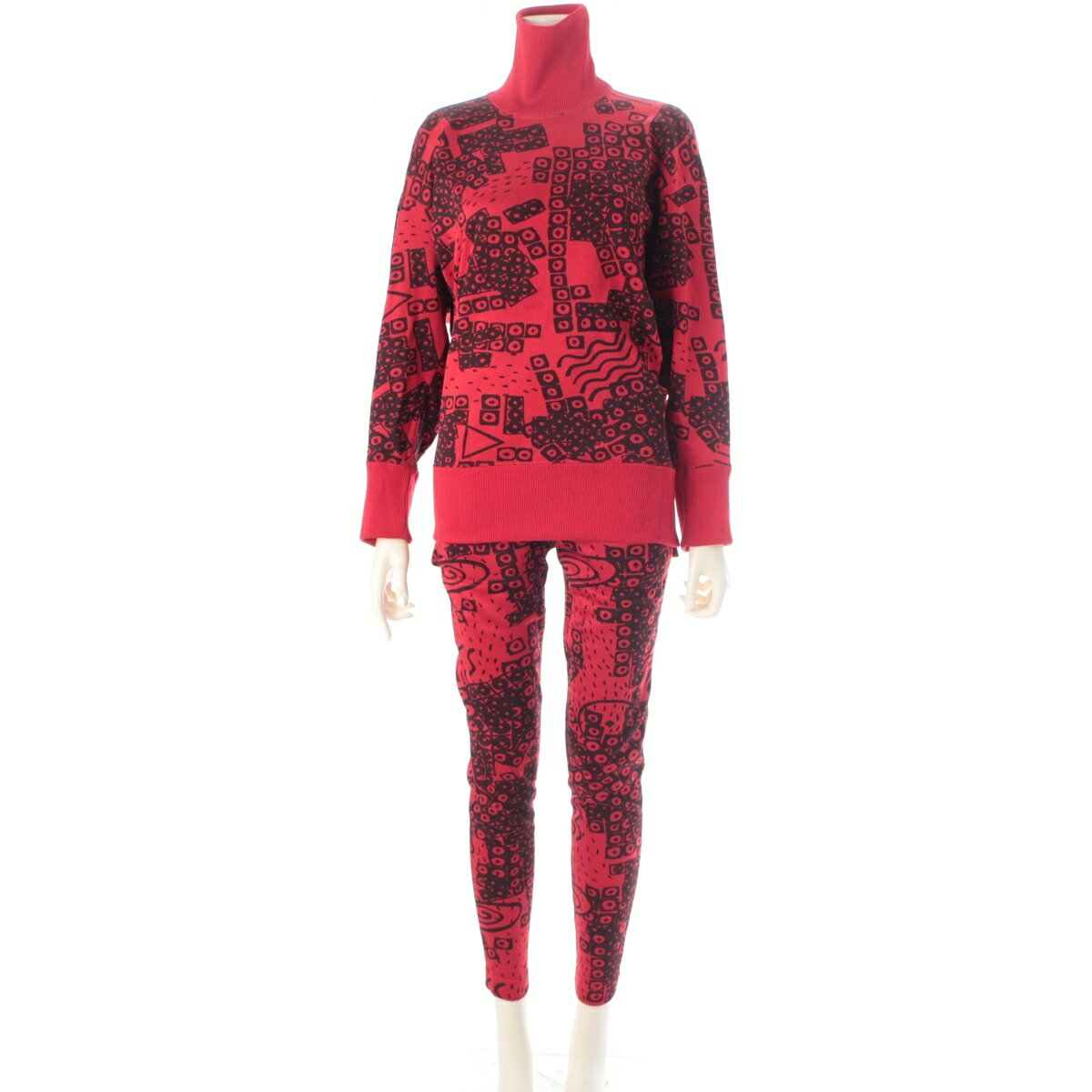 イッセイミヤケ ISSEY MIYAKE 80s 1986 ドルマンスリーブ 変形 グラフィック 総柄 スウェット スコート パンツセットアップ JY13046 JY43046 レッド 9【中古】【正規品保証】(4.0)
