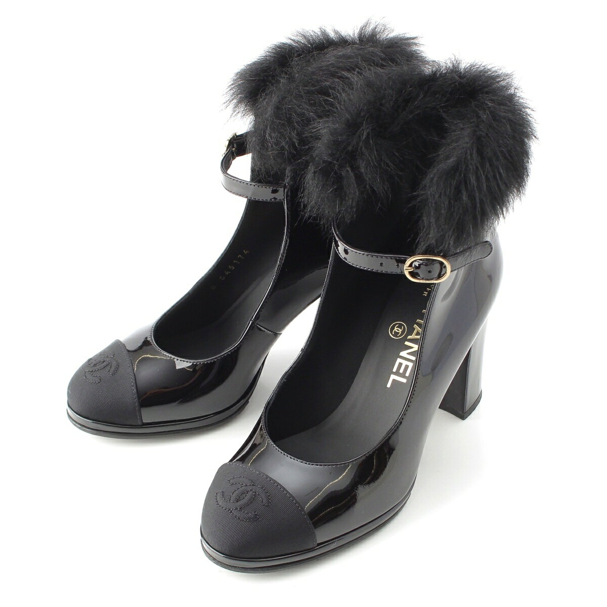 乐天商城 - シャネル CHANEL パテントレザー メリージェーン ファー ヒール パンプス シューズ G45174 ブラック 35【中古】【正規品保証】