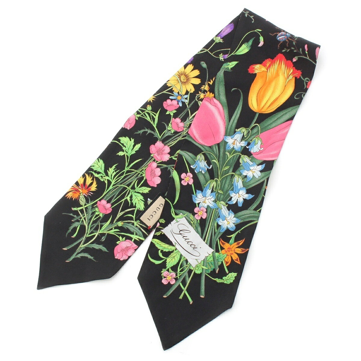グッチ GUCCI シルク フローラ 花柄 ネックボウ スカーフ タイ 699497 ブラック系 マルチカラー【中古】【正規品保証】