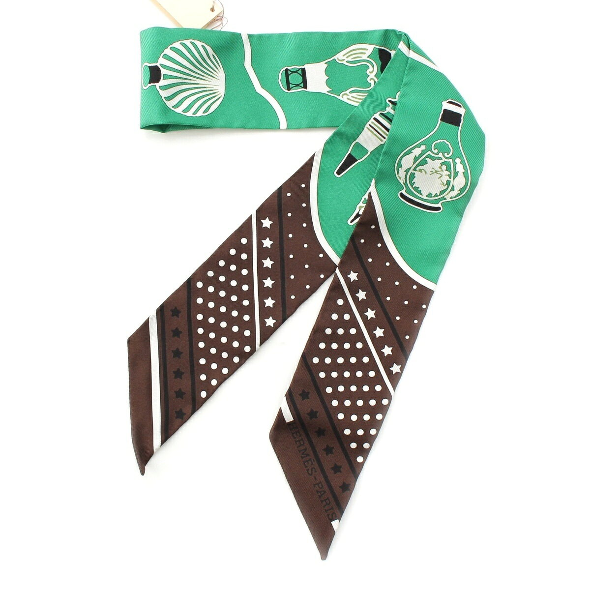 エルメス HERMES Les Flacons Bandana 香水瓶 シルク スカーフ グリーン ブラウン