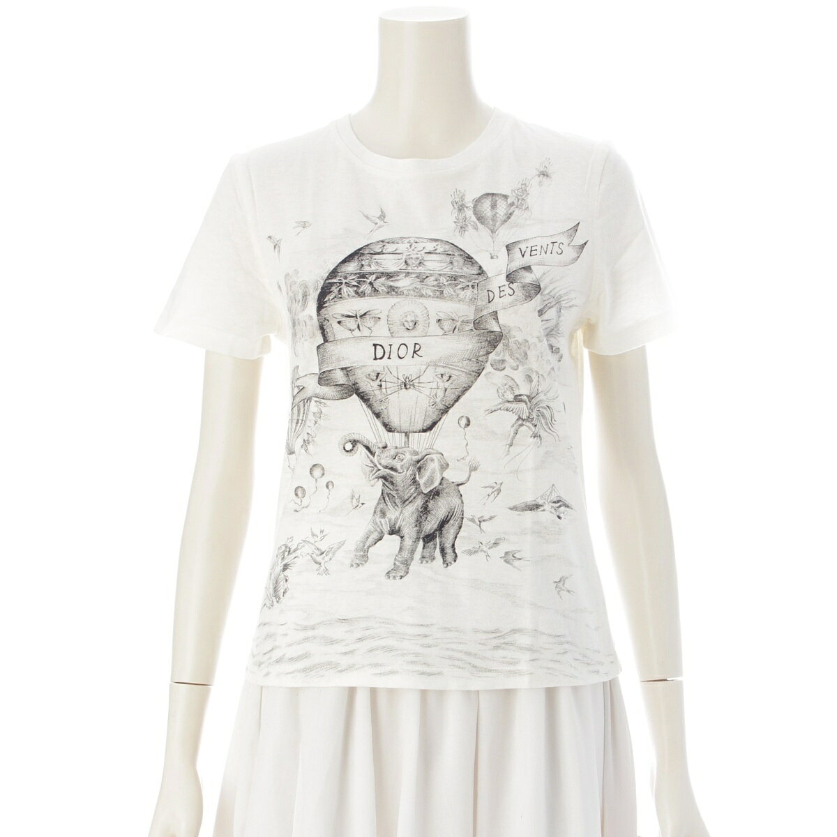 乐天商城 - クリスチャンディオール Christian Dior コットン リネン バルーン アニマル プリント 半袖Tシャツ 象 鳥 153T-12B4452 ホワイト XS【中古】【正規品保証】