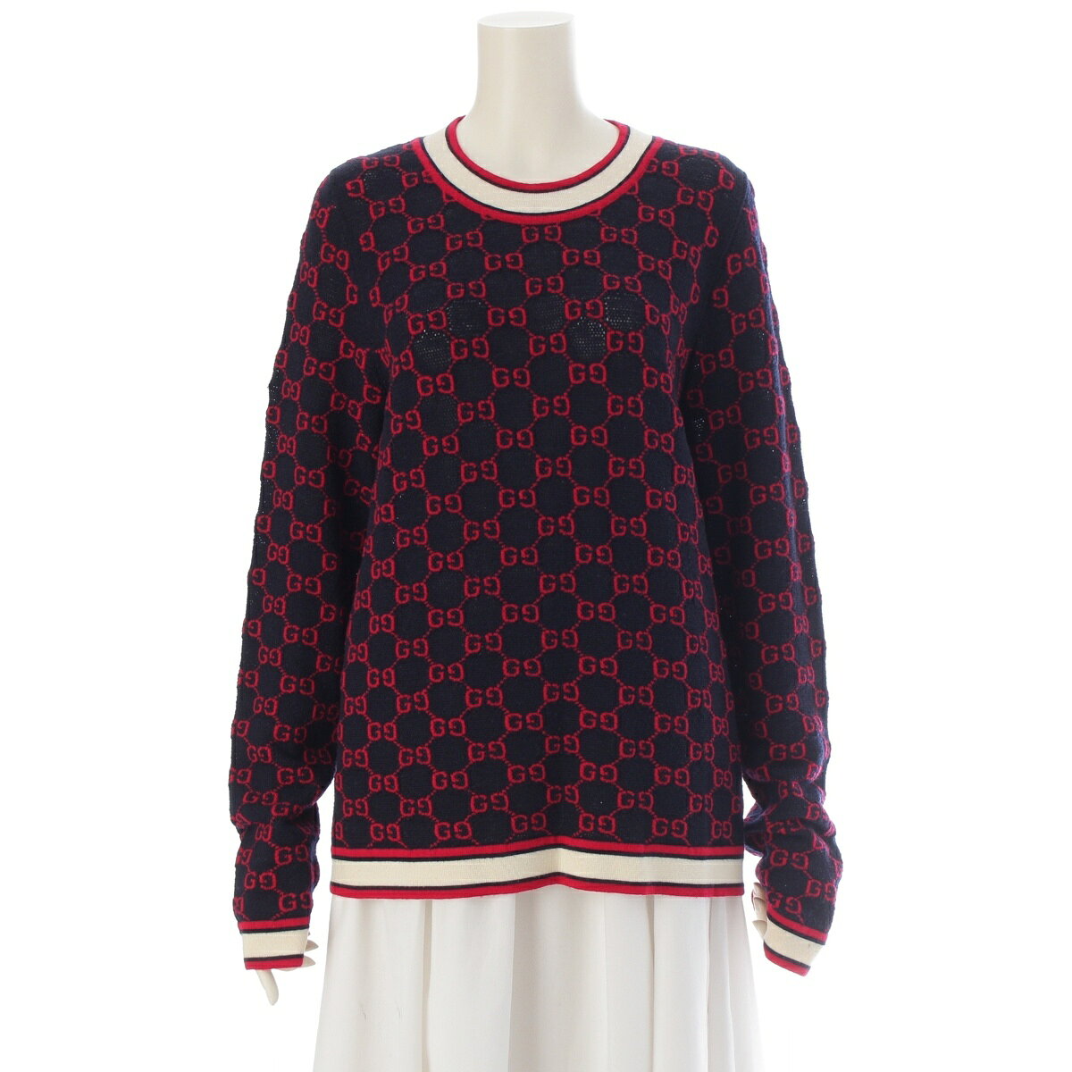 乐天商城 - グッチ GUCCI ウール GGジャガード 長袖 ニット セーター トップス ネイビー レッド XL【中古】【正規品保証】