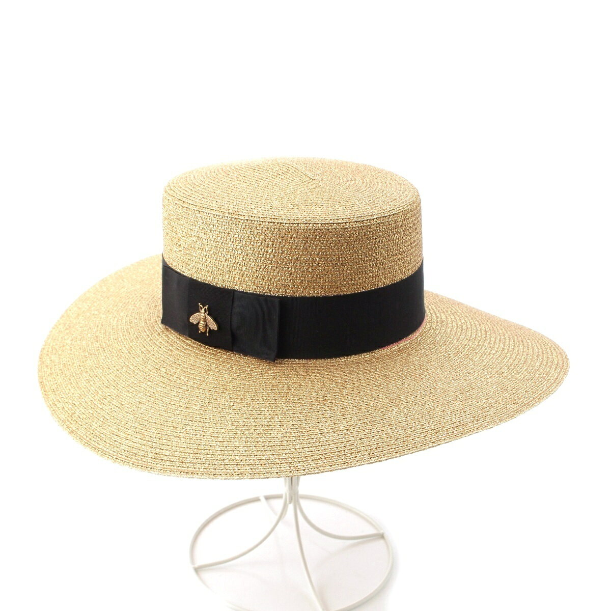 グッチ GUCCI BEE ビー ファブリック パピエ ストロー ハット 帽子 ゴールド S【中古】【正規品保証】