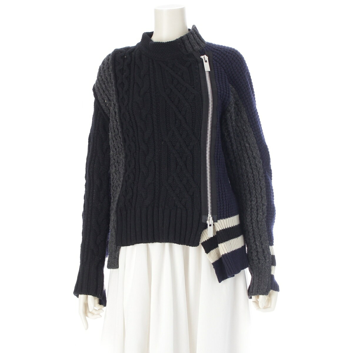 乐天商城 - サカイ Sacai 18年 Asymmetry Knit ウール ジップアップ ニット ジャケット アウター 18-04025 ネイビー×グレー系 1【中古】【正規品保証】