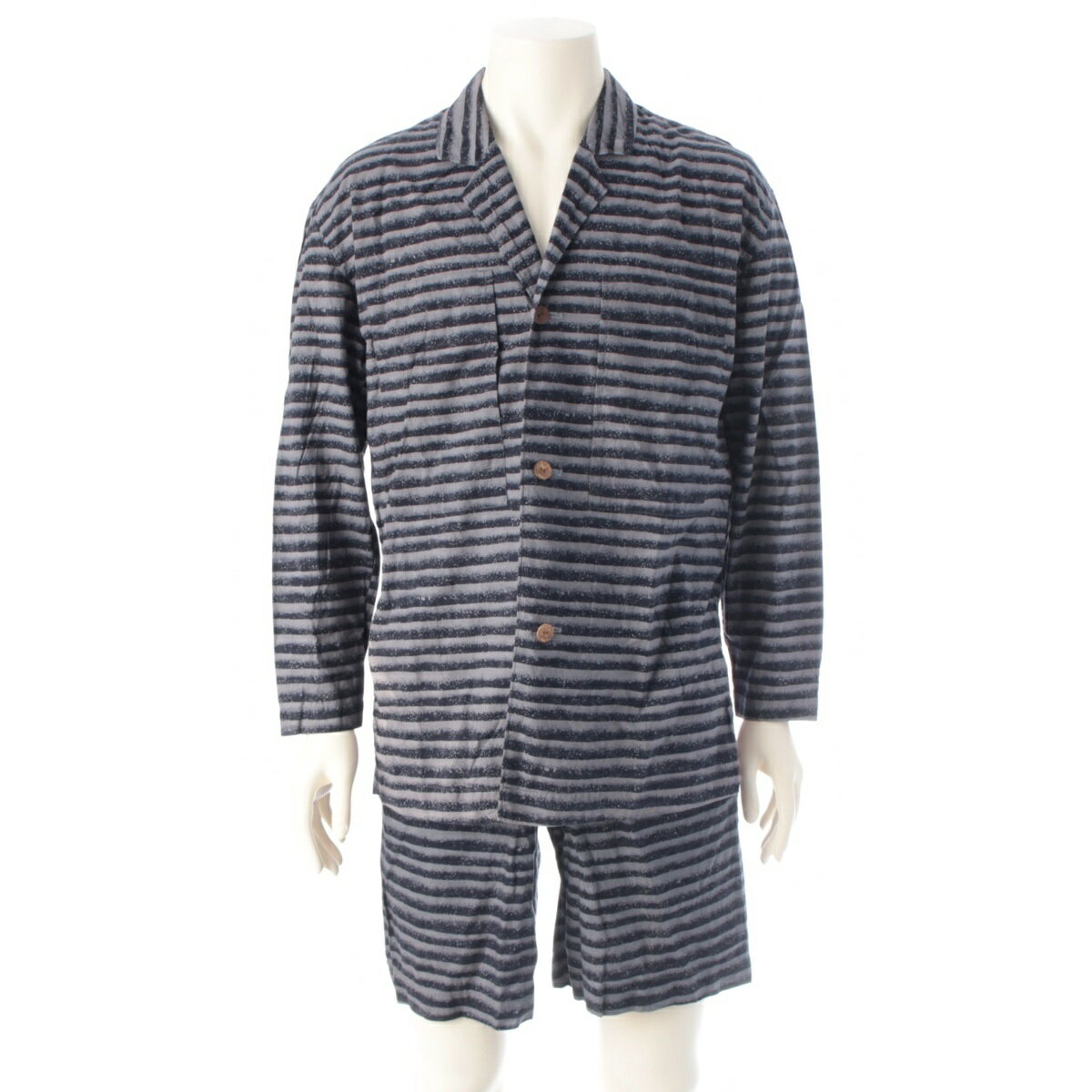 乐天商城 - イッセイミヤケ ISSEY MIYAKE 80s 1986 筆タグ グラデーション ボーダー 長袖シャツ ラップ ショート パンツセットアップ LG32016 LG41656 ネイビー ブルー S－M【中古】【正規品保証】