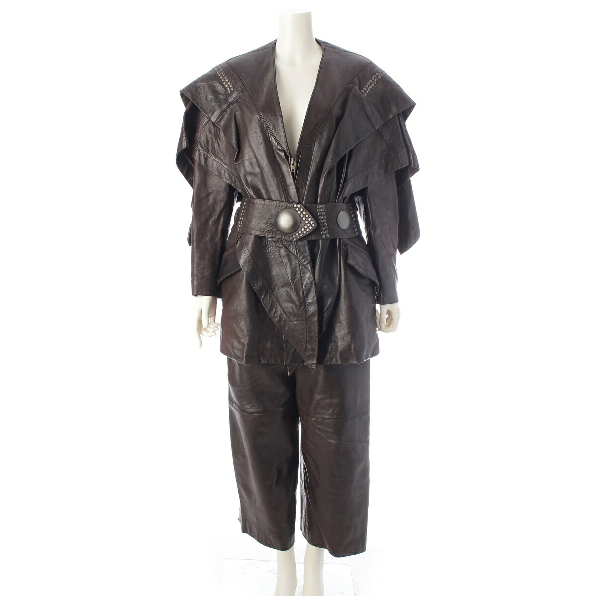 イッセイミヤケ ISSEY MIYAKE 80s 1986 筆タグ ナッパレザー レイヤードスリーブデザイン スタッズ 3ピース セットアップ ジャケット パンツ ベルト ダークブラウン 9【中古】【正規品保証】
